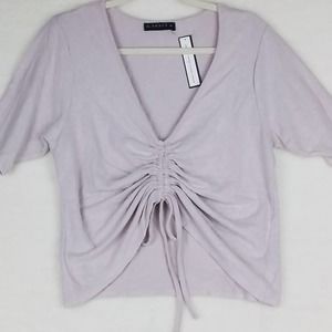 Soncy Knit Tee Top 22-24 Pink Gray Plush V Neck Short‎ Sleeve Ruched Front